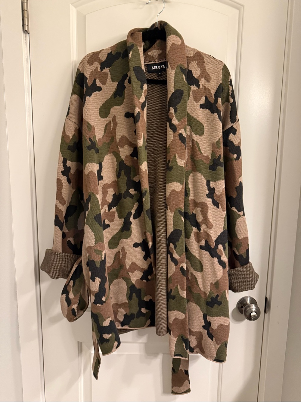 SEROYA Women's Camo Open Front Cardigan Jacket in Green/Tan/Black